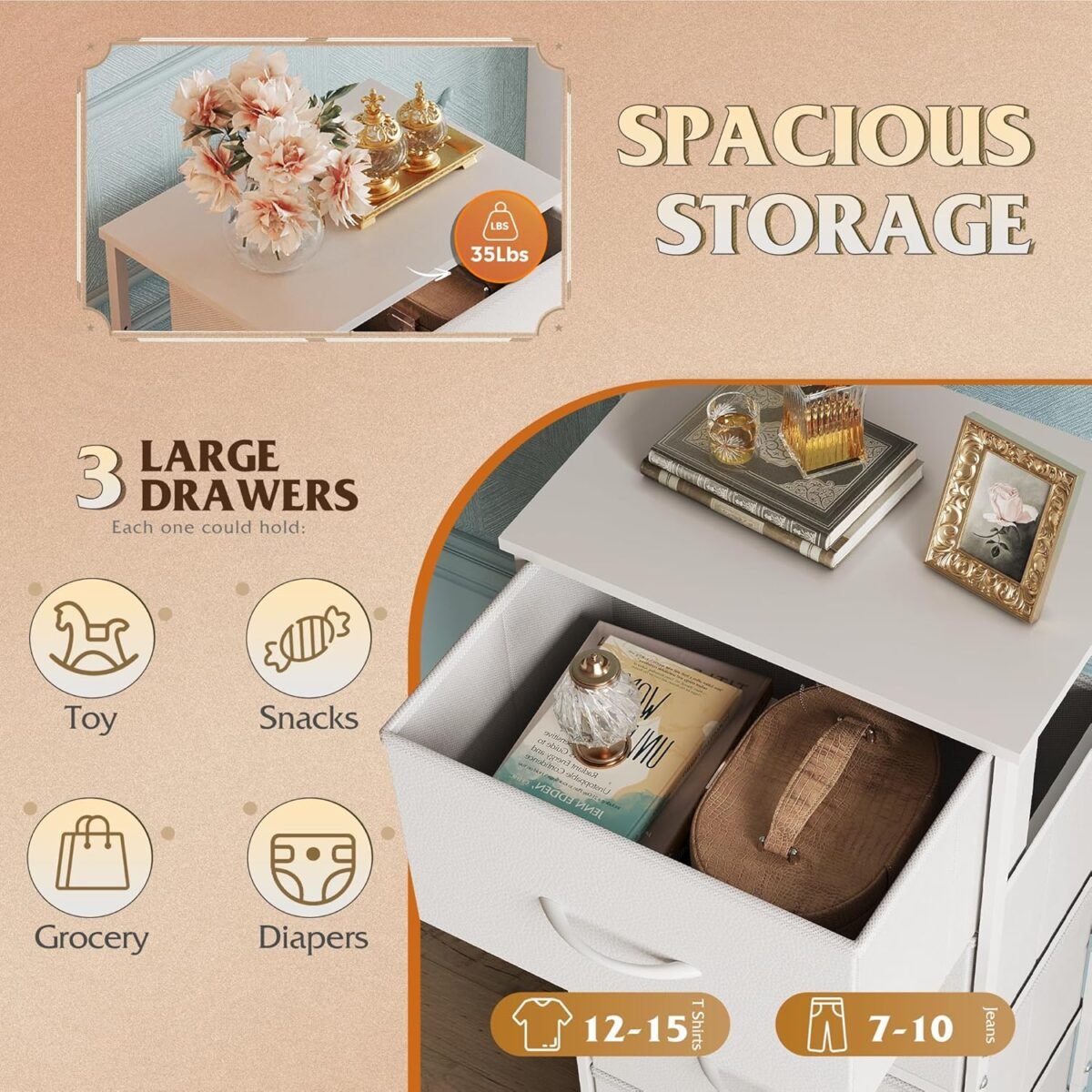 1750707384 wlive dresser with 3 drawers fabric nightstand cabinet with wheels organizer storage dresser for bedroom office entryway closets sturdy steel frame wood top easy pull handle white.jpg