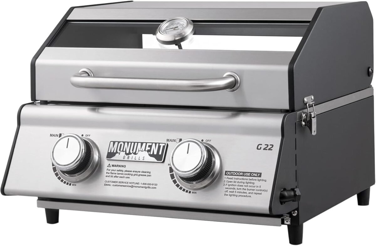 1750714559 portable propane gas grill 2 burner tabletop clearview® monument grills for outdoor camping cooking two 15000 btu burners stainless steel and built in thermometer.jpg
