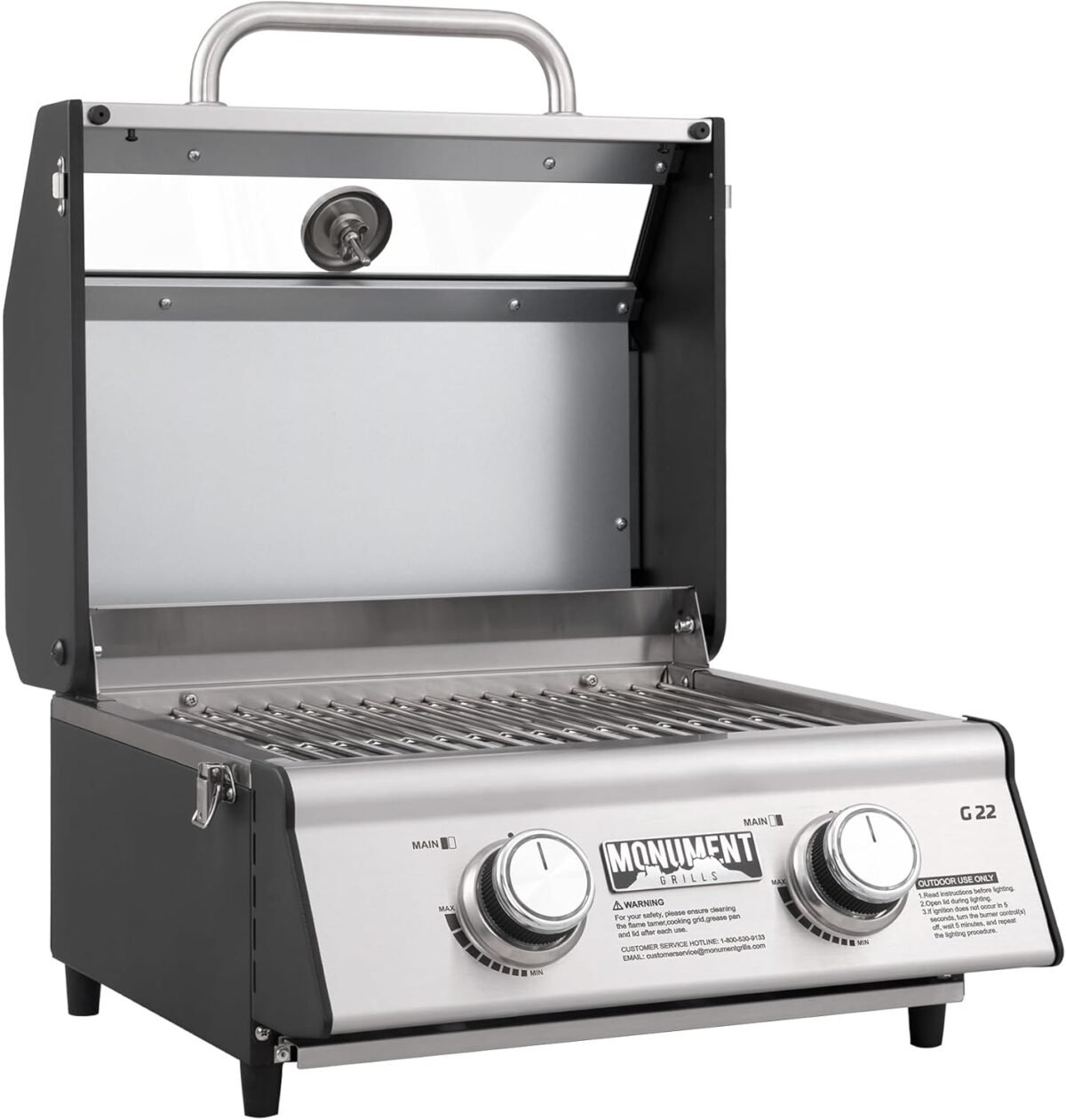 1750714569 portable propane gas grill 2 burner tabletop clearview® monument grills for outdoor camping cooking two 15000 btu burners stainless steel and built in thermometer.jpg