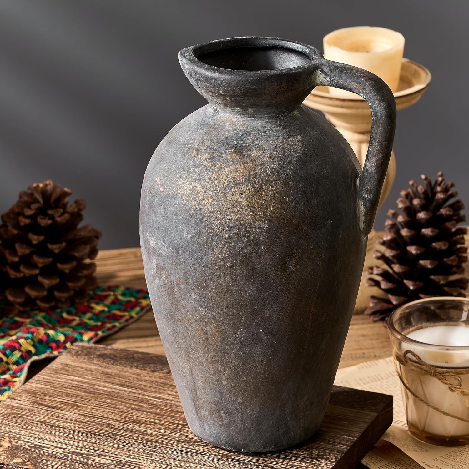 1750746483 antique rustic ceramic vase 9.3 inch tall large terracotta vase with handle vintage farmhouse pottery vase for home decor living room entryway wedding thanksgiving black bronze.jpg