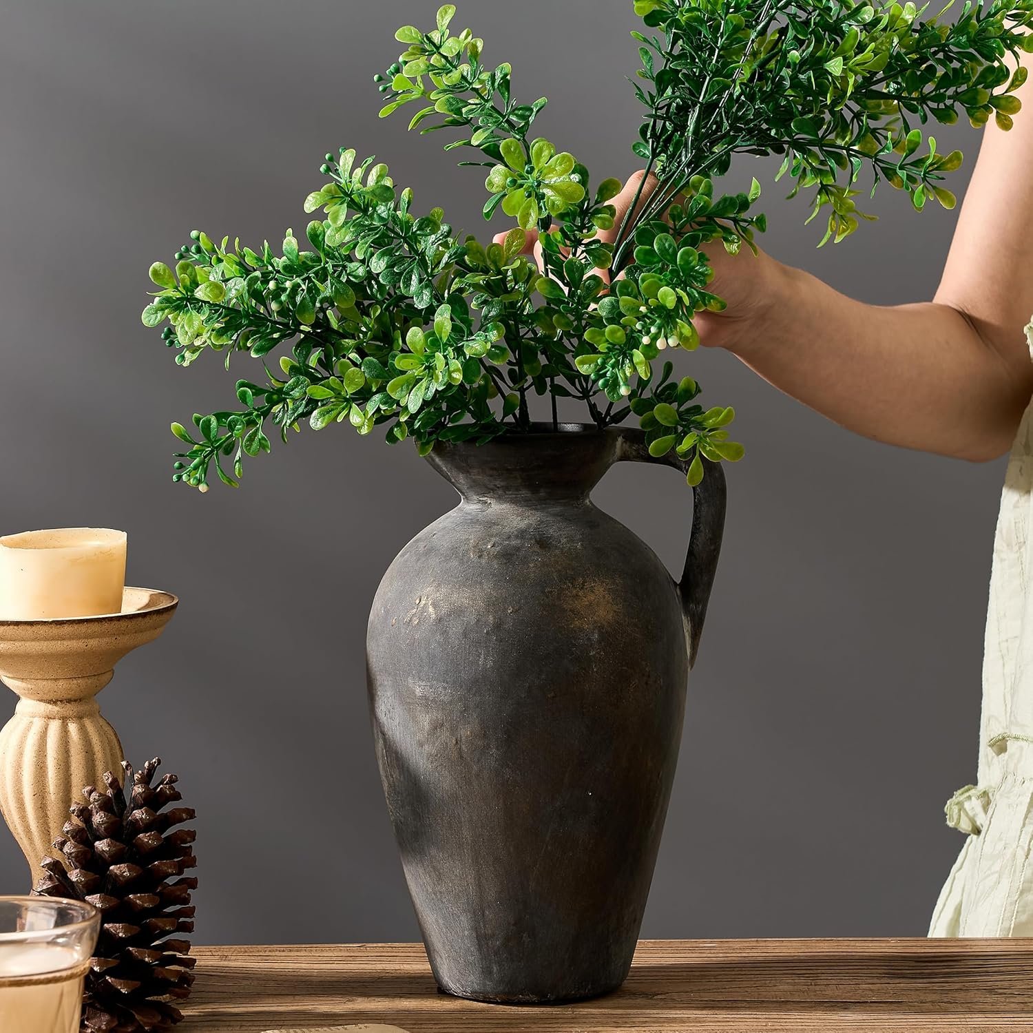 1750746484 antique rustic ceramic vase 9.3 inch tall large terracotta vase with handle vintage farmhouse pottery vase for home decor living room entryway wedding thanksgiving black bronze.jpg