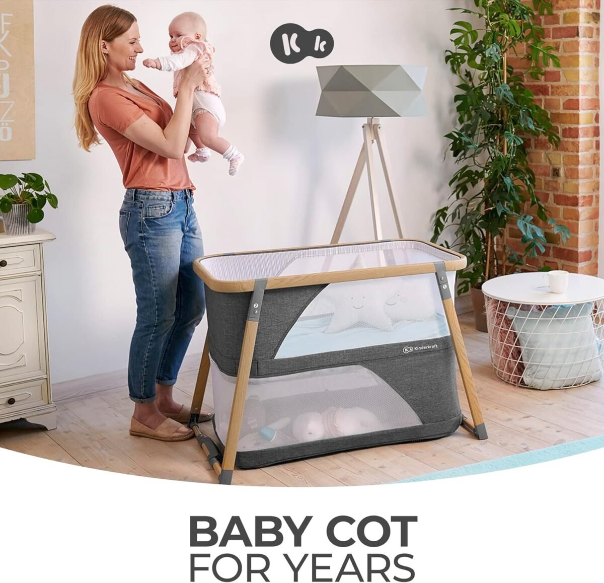1750755611 kinderkraft sofi portable travel crib for baby convertible sleeping cot 4 in 1 with easy to pack playpen comfortable bassinet mattress and an additional cradle function.jpg