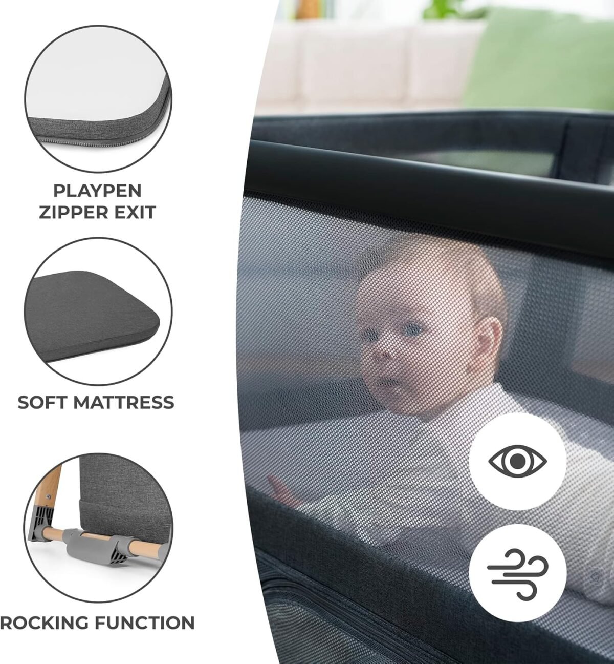 1750755618 kinderkraft sofi portable travel crib for baby convertible sleeping cot 4 in 1 with easy to pack playpen comfortable bassinet mattress and an additional cradle function.jpg