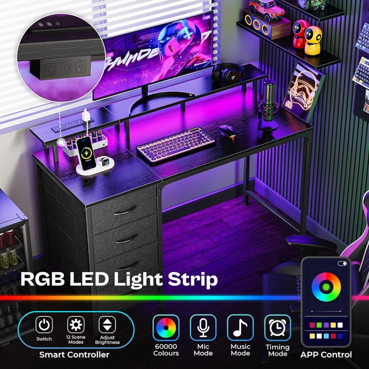 1751152071 huuger 47 inch computer desk with power outlets and led lights gaming desk with 4 drawers office desk with monitor stand study work home office small spaces black.jpg