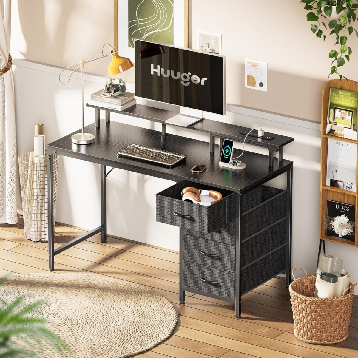 1751152075 huuger 47 inch computer desk with power outlets and led lights gaming desk with 4 drawers office desk with monitor stand study work home office small spaces black.jpg