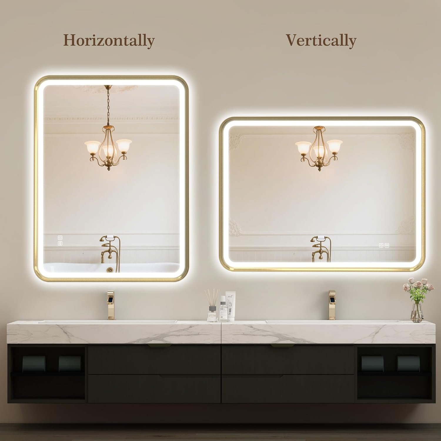 1751161238 sbagno 32x24 gold led mirror for bathroom with frontlit backlit led bathroom mirror with metal frame anti fog stepless dimmable 3 colors temperature led vanity mirrorhorizontalvertical.jpg