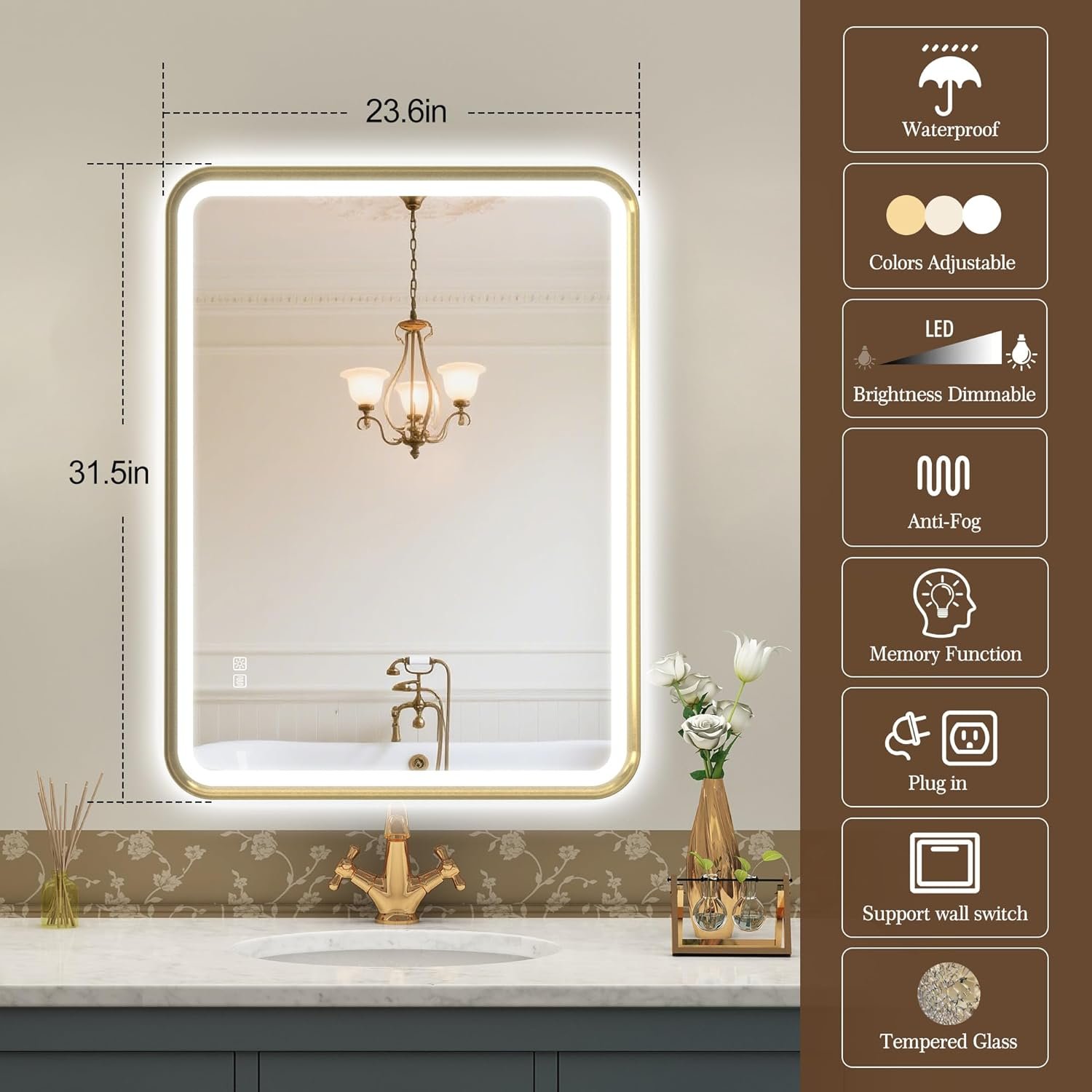 1751161239 sbagno 32x24 gold led mirror for bathroom with frontlit backlit led bathroom mirror with metal frame anti fog stepless dimmable 3 colors temperature led vanity mirrorhorizontalvertical.jpg