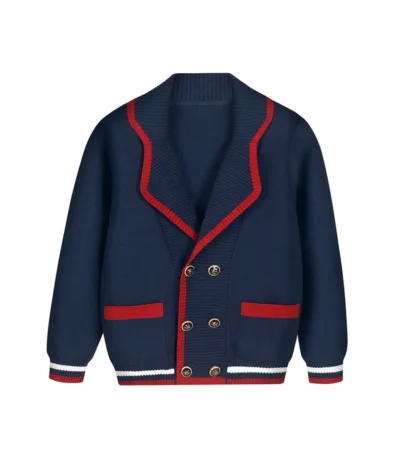 Spring Autumn Children Navy Blue Sweaters for Big Girls Boys Cotton Knitted Cardigans Coat England Style Double Breasted Uniform 1