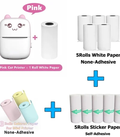 Mini Pocket Printer Mini Sticker Printer Portable for Printer with 13 Roll Papers for Notes, Photos, Stickers, Labels, Receipts 1