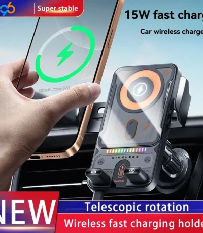 Car Holder With Dual Motor Electric Rotating Opening Closing Mobile Phone Holder 15W Wireless Fast Charging Car Phone Bracket 1