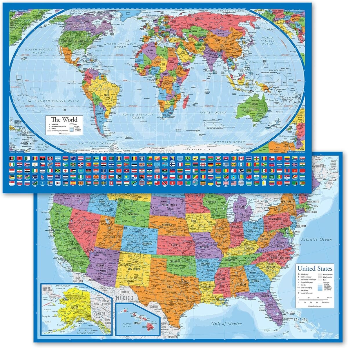 2 pack laminated world map poster usa map set equal earth world map design shows continents at true relative size us map 18 x 29.jpg