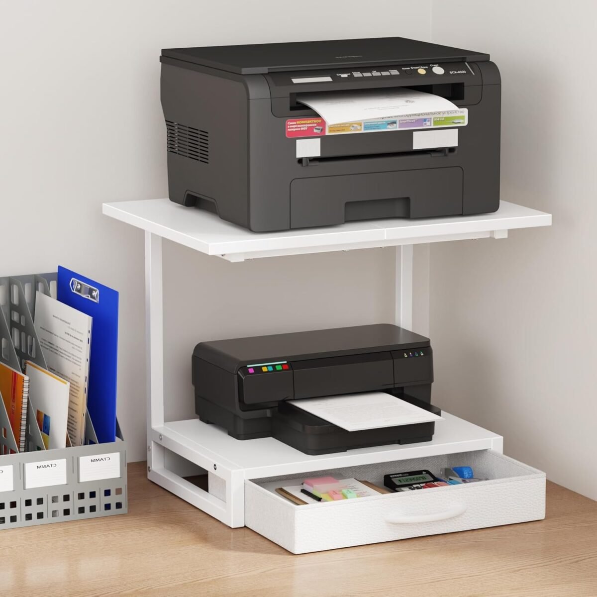 2 tier desktop printer stand with fabric drawer prtiner table with storage shelf desk organizer for home office3d printerfax machinescanner 19.6x14.9 white.jpg