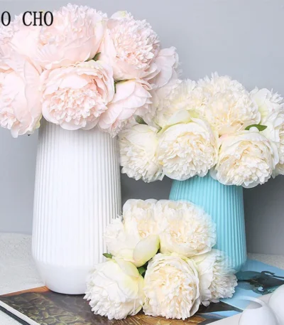 YO CHO 5pc Big Peony Artifcial Silk Flower Wedding Bouquet Decor White Peony Home Display Fake Flower Pack Heart Peony Pink Rose 1