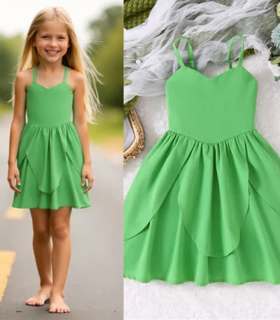 2025 New Girls TinkerBell Green Princess Dresses Summer Casual Solid Color Patchwork Design Children's Knee length Dress 1