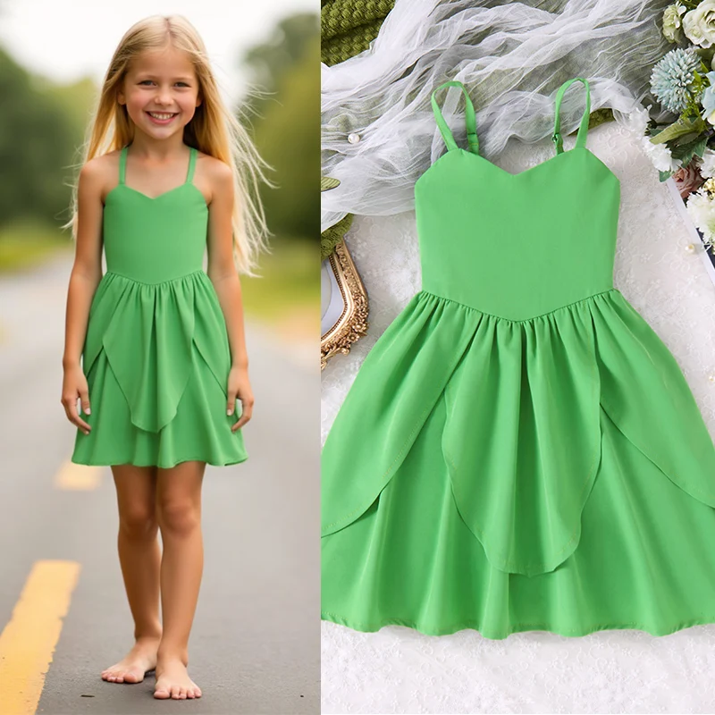 2025 New Girls TinkerBell Green Princess Dresses Summer Casual Solid Color Patchwork Design Children’s Knee length Dress 2025 New Girls TinkerBell Green Princess Dresses Summer Casual Solid Color Patchwork Design Children’s Knee length Dress