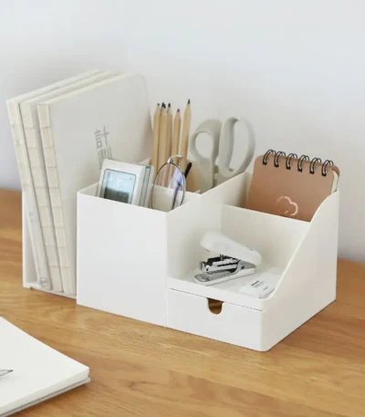 Large Capacity Desk Pen Holder With Drawer and Bookshelf. Pencil Storage Box Desktop Organizer School Office Stationery 1