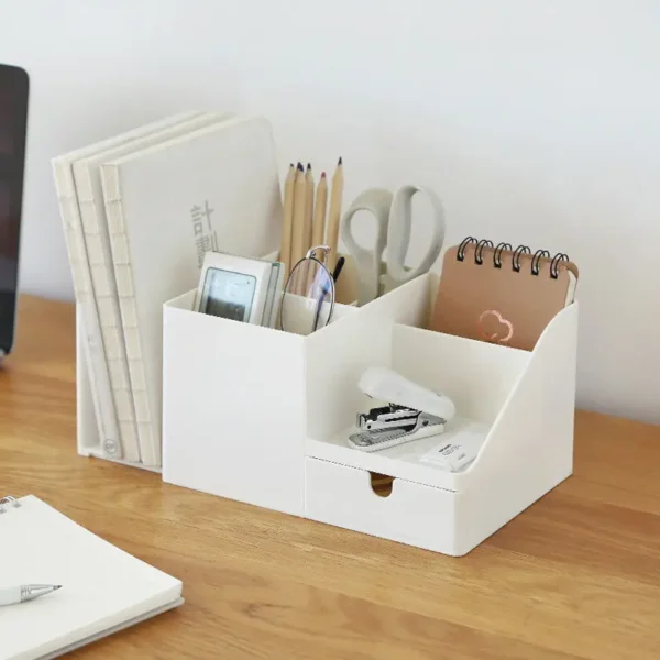 Large Capacity Desk Pen Holder With Drawer and Bookshelf. Pencil Storage Box Desktop Organizer School Office Stationery