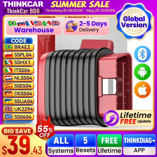 THINKCAR BD6 Bluetooth Scanner Car Diagnostic Tool OBD2 Scanner Full System Diagnose 5 Reset OIL IMMO Auto Diagnosis Code Reader