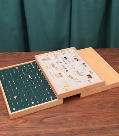 Fashion Bamboo Wood Velvet 100 Digit Ring Display Tray Jewelry Stud Earrings Storage Plate Jewellery Counter Showcase Props 1