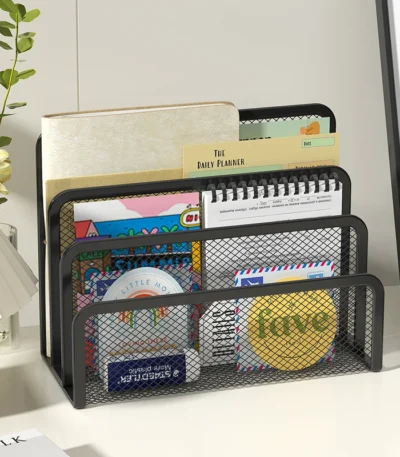 Desk Mail Organizer, 2 Pack Office Small Letter Sorter Desktop File Organizer Metal Mesh with 3 Vertical Upright Compartments 1