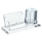 Clear Acrylic Business Card Holder 1 Slot Desktop Name Cards Display Stand with Pen Pot for Office Desk Fits 60 Business Cards