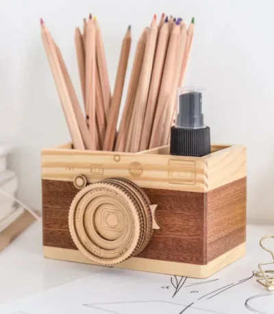 Pencil Holder Camera-shaped Concise Wood Especial Pen Container for Office 1