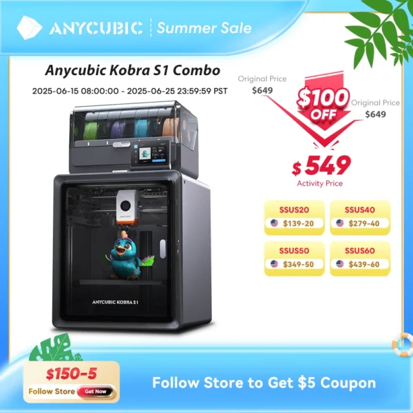 Anycubic Kobra S1 Combo Multi-Color 3D Printer High Precision Core XY Stable Structure Ultra-Quiet Max Speed 600mm/s 3D Printer