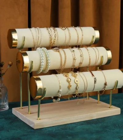 3 Layers Velvet Jewelry Display Bracelet Watch Chain Rack Wood Base Display Stand for Bangle Necklace HeadBand Organizer 1