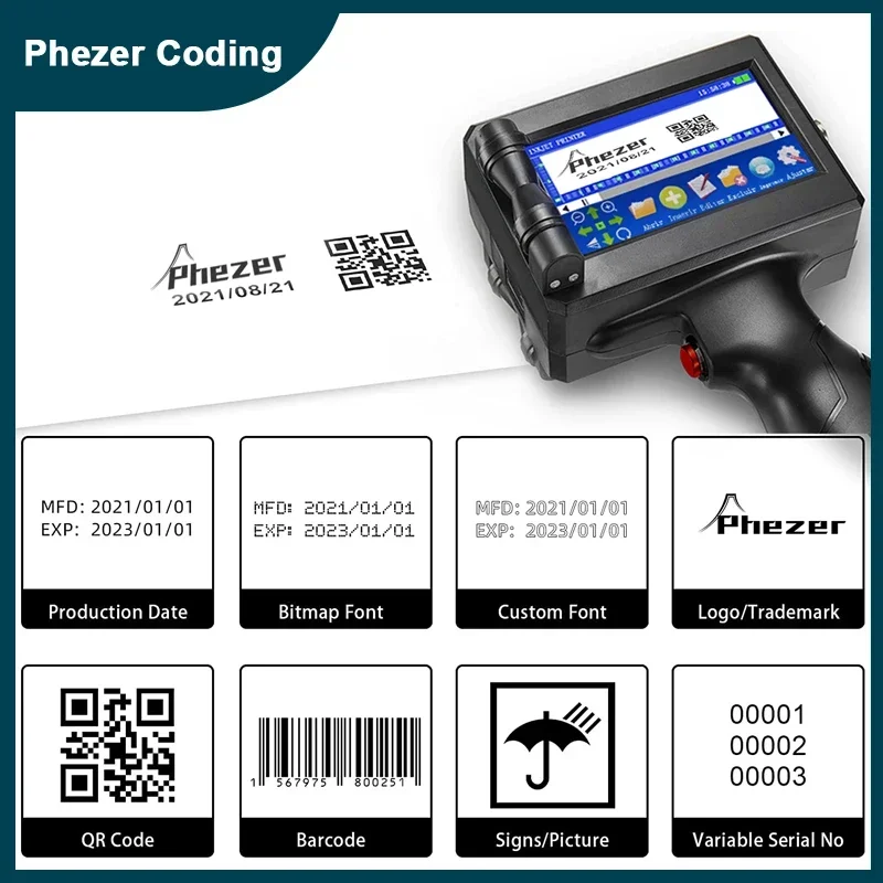 Phezer 12.7/25.4mm Label Printer Handheld Inkjet Printer QR Bar Batch Code Date Number Logo Expiry Date Coding Machine Portable Phezer 12.7/25.4mm Label Printer Handheld Inkjet Printer QR Bar Batch Code Date Number Logo Expiry Date Coding Machine Portable