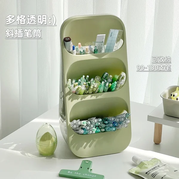 Transparent Oblique Pen Holder For Desk Aesthetic Large Capacity Student Desk Green Storage Box Pen Bucket On Desk Soft Color