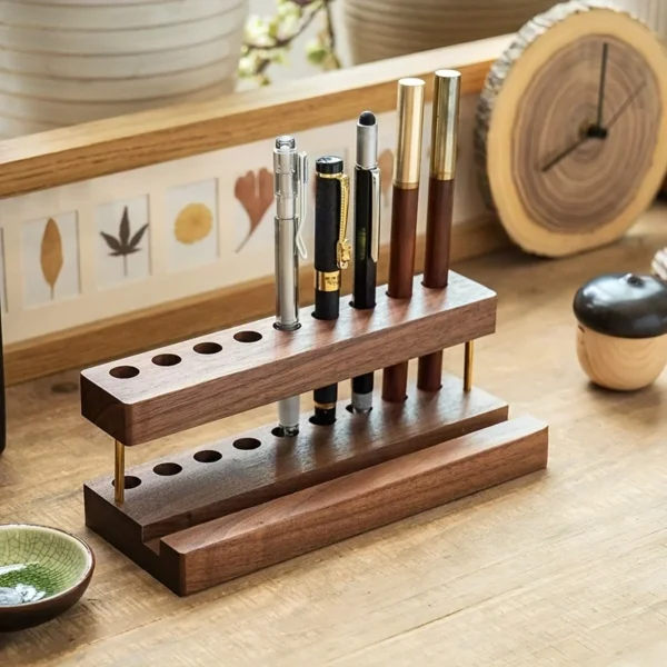 1PC Walnut Wood Multifunction Desk Organizer – Pen Holder, Phone Stand & Storage Solution for Office and School