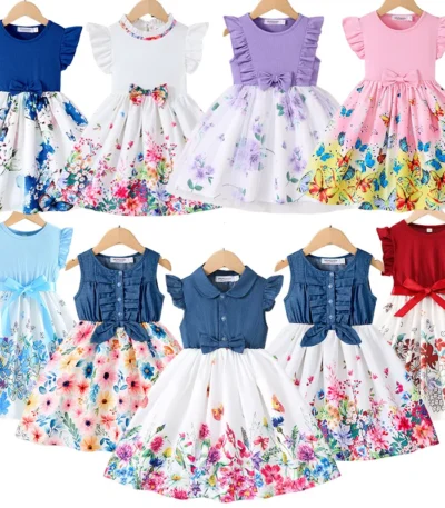 2025 New Summer Korean Style Cute Printed Bow Casual Dress for Girls Birthday Party Baby Girl Clothes 2-10 Years 1