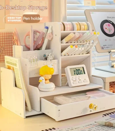 Mark Pen Pencil Holder Wooden Desk Organizers Shelves Accessories Desktop Stationery Organizer Bookshelf Home Office Storage Box 1