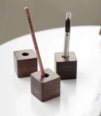 1pc Walnut Wood Pen Holder Pen Container For Desk Stationery Storage Creative Square Shape Pen Hole Pencil Slot Pencil Stand 1
