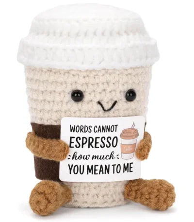 Funny Crochet Emotional Support Coffee Doll With Card Desktop Ornament Handmade Knitted Coffee Dolls Christmas Gifts Home Decor 1