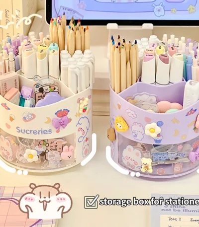 Cute Rotating Pen Holder Desktop Drawer Stationery Box Case School Office Desk Kawaii Stationery Storage Box Organizer Stickers 1