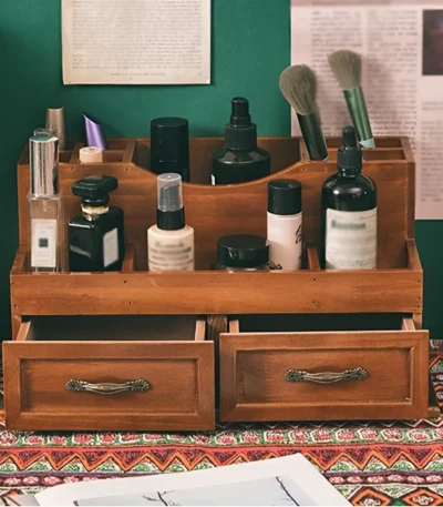 Vintage-Inspired Wooden Desk Organizer - Multiple Compartments for Cosmetics & Office Supplies, Ideal for Home Decor 1