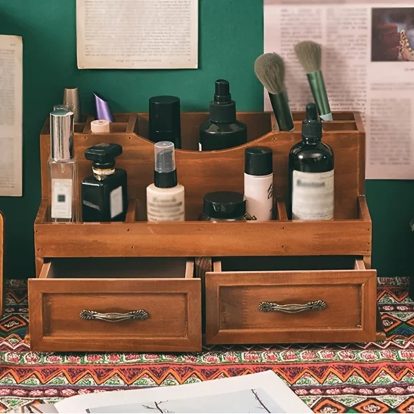 Vintage-Inspired Wooden Desk Organizer – Multiple Compartments for Cosmetics & Office Supplies, Ideal for Home Decor