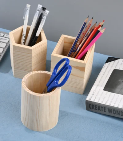 Pencil Holder Office Desk Wood Square/Round/Hexagon Pen Holder Pen Pot Cup Case Container Stationery Storage Organiser Supplies 1