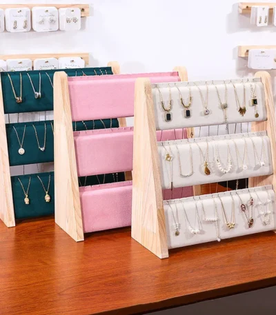 3 Layers Wood Slope Shape Jewelry Necklace Pendant Display Organizer Stand Holder Rack Showcase Tray 1