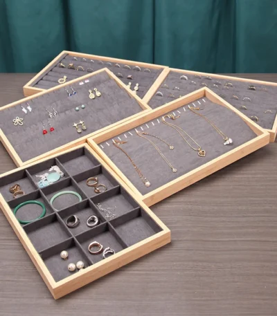 1pc Fashion Grey Series Wood Jewelry Storage Trays Earrings Ring Necklace Bracelet Display Tray Drawer Organizer Showcase Props 1