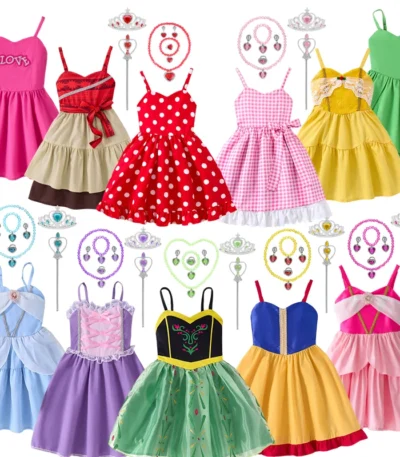 2025 Girl Princess Sling Dress Summer Casual Dresses for Girls Birthday Children Carnival Vaiana Costume Snow White Clothing 1