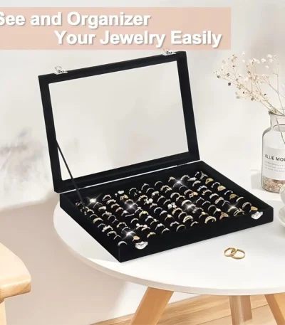 Velour and Jewelry Ring Organizer Box with Clear Glass Lid Dust-Proof 100-Slot Tray for Rings, Earrings box 1