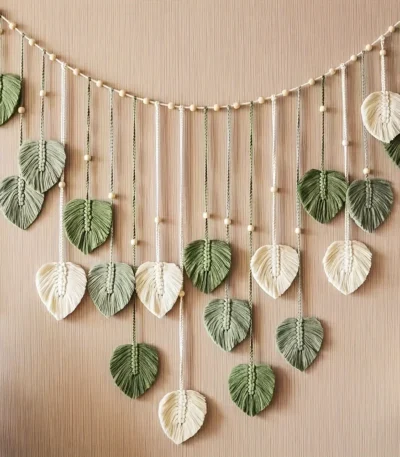 Modern Woven Wall Decor, Beautiful Room Decor, Green Leaves Hanging on The Walls, Bohemian Style, Feather, Ramadan Easter Gift 1