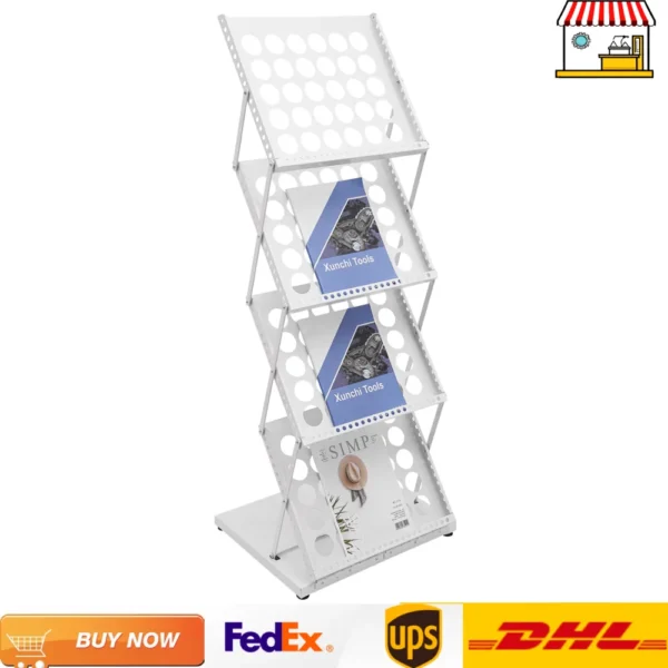 Foldable Floor Magazine Rack 4-tier Metal White Freestanding Home Office Book Organizer Holder Stand