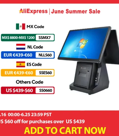 15.6 Inch Windows POS System i3 i5 Win10 Touch Screen Cash Register 58/ 80mm Thermal Printer Restaurant ECR Terminal Desktop POS 1