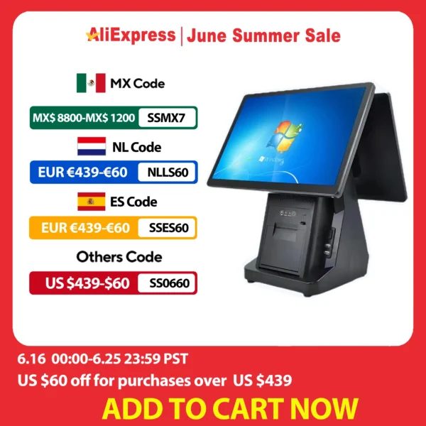 15.6 Inch Windows POS System i3 i5 Win10 Touch Screen Cash Register 58/ 80mm Thermal Printer Restaurant ECR Terminal Desktop POS