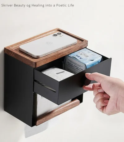 Kitchen and Bath Roll Paper Box Multi-purpose Shelf Household Tissue Box Solid Wood Pumping  Walnut Paper Box 1