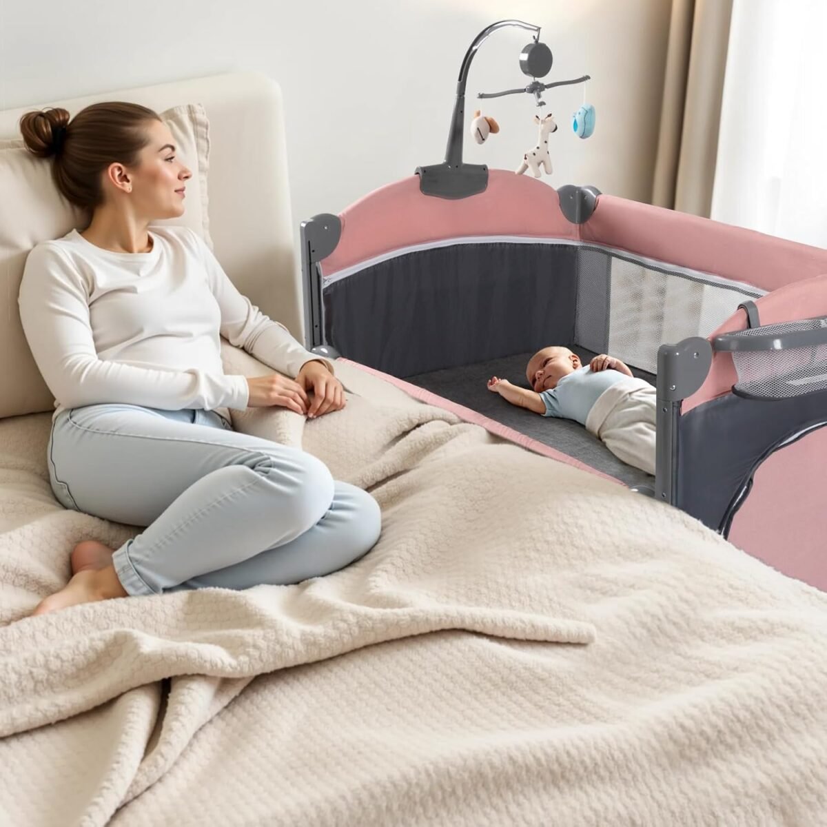 5 in 1 baby cribbaby bassinet bedside cribs pack and play with changing table portable travel bedtoys music boxmattress for girl boy infant newborn pink.jpg