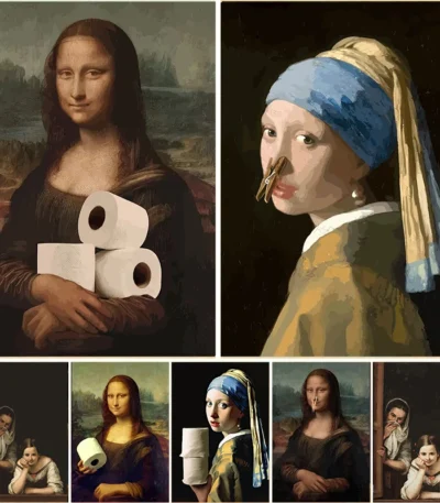 Funny Bathroom Toilet Decoration Painting Mona Lisa Wearing Pearls Girl with Roll Paper Canvas Prints Posters Home Wall Decor 1